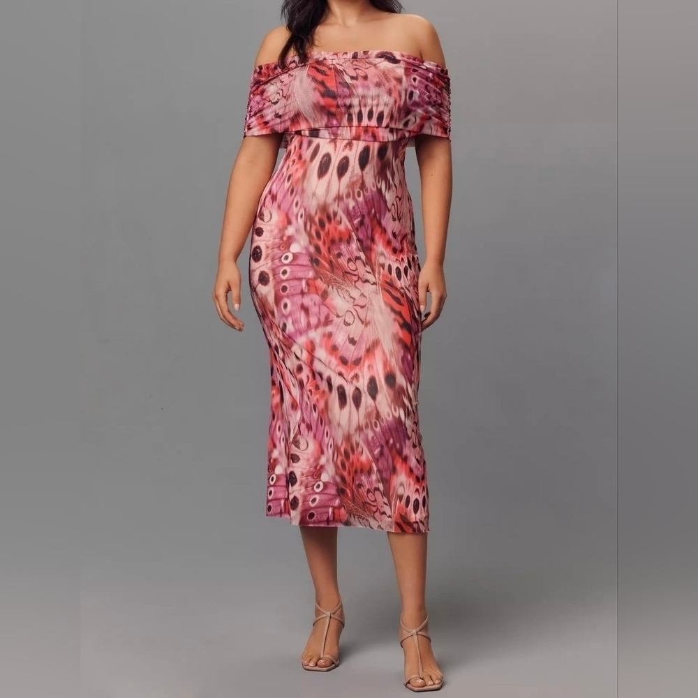AFRM Zamora Off-The-Shoulder Mesh Midi Dress in Berry Butterfly, Size 3X